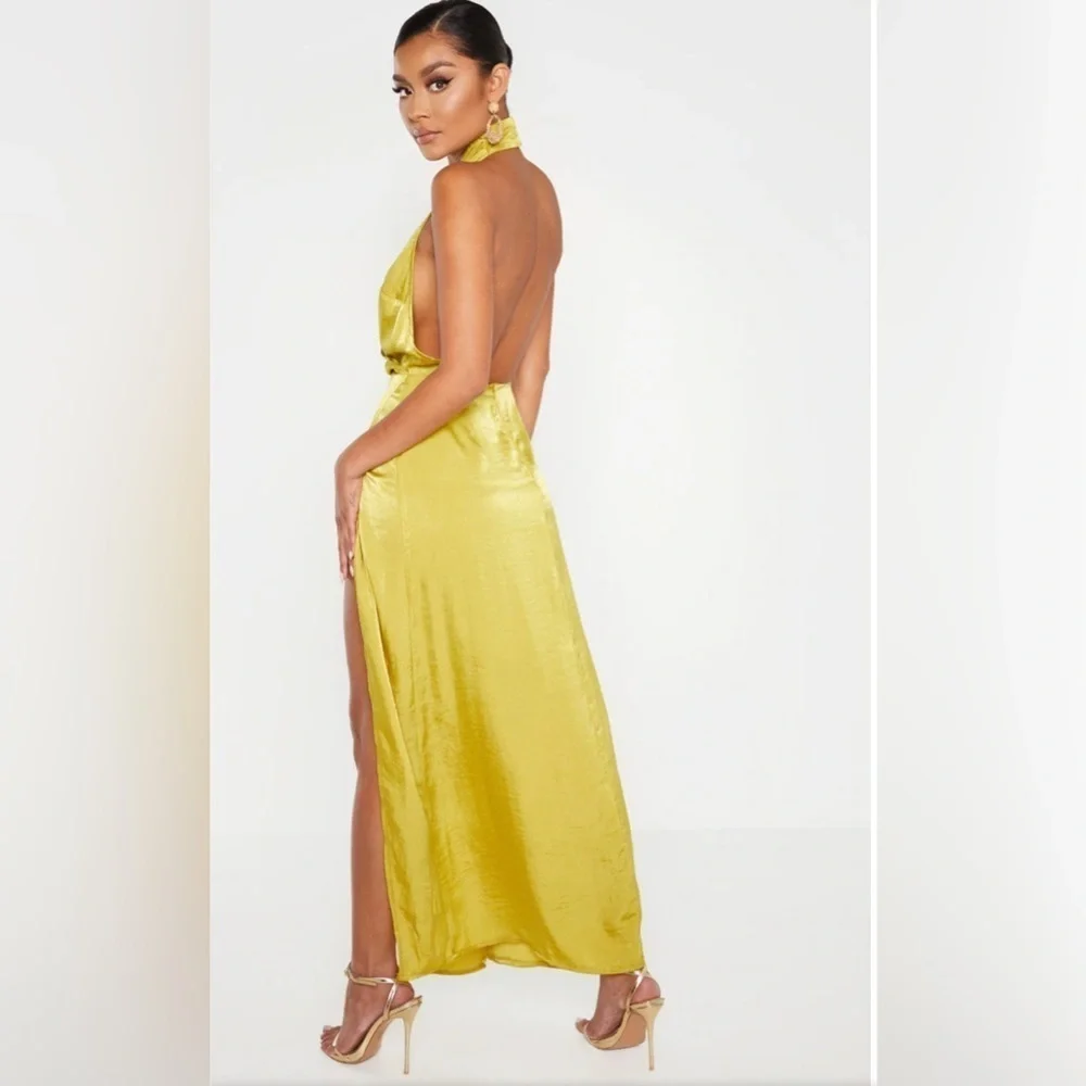 Pretty Little Thing Light Lime Hammered Satin Halterneck Maxi Dress Sz 10 - Picture 8 of 8